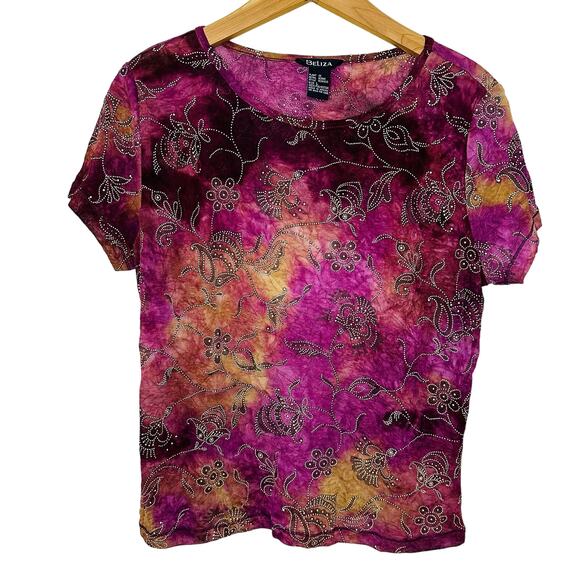 Beliza Y2K Mesh Sheer Embellished Floral Purple Pink Tie Dye Top Size L - Picture 1 of 6